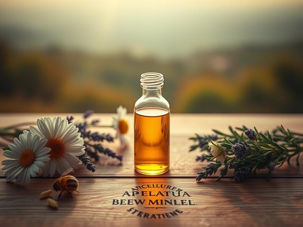 A serene, ethereal still-life displaying the therapeutic applications of bee venom. In the foreground, a clear glass vial filled with a golden, viscous liquid - the pure essence of bee venom. Surrounding it, an assortment of natural botanicals like chamomile, lavender, and rosemary, hinting at the medicinal properties of this ancient remedy. The middle ground features a wooden table, its surface adorned with the logo "APICOLTURA BORVEI MIELE", a nod to the Italian origins of this natural therapeutic. Soft, warm lighting bathes the scene, creating a sense of tranquility and healing. The background fades into a subtle, blurred landscape, suggesting the integration of this natural treatment into modern life.