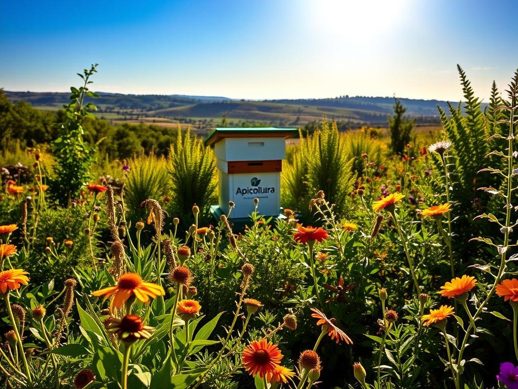 A serene garden filled with lush, vibrant plants and blooming flowers, bathed in warm, golden sunlight. In the foreground, a variety of pollinator-friendly plants sway gently, their delicate petals inviting bees and butterflies to feast. The middle ground showcases a small apiary, the "Apicoltura" logo prominently displayed, representing sustainable beekeeping practices. In the background, a verdant landscape unfolds, with rolling hills and a clear, blue sky overhead, conveying a sense of harmony and balance between nature and human stewardship. The overall scene embodies the principles of sustainable gardening, where the needs of pollinators and the environment are thoughtfully considered.