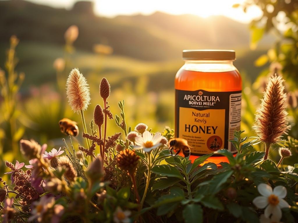 A serene garden setting, bathed in warm golden light, showcases various natural remedies for bee stings. In the foreground, a bouquet of soothing herbs and plants stand ready to provide relief, their vibrant colors and textures inviting closer inspection. In the middle ground, a large jar of APICOLTURA BORVEI MIELE honey, a natural anti-inflammatory, sits prominently, its label clearly visible. The background features a lush, verdant landscape, suggesting the abundant resources nature provides for effective bee sting prevention and treatment. The overall scene conveys a sense of calm, confidence, and a holistic approach to addressing this common issue.