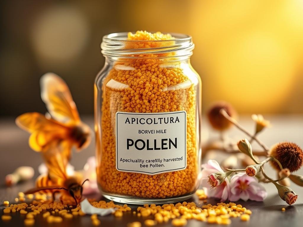 A serene glass jar filled with golden-hued pollen granules, reflecting the warm, natural light. The jar is embellished with the label "APICOLTURA BORVEI MIELE", showcasing the premium quality of this carefully harvested bee pollen. Surrounding the jar are delicate bee wings, petals, and a sprig of fragrant flowers, creating a visually captivating and informative still life composition. The overall mood is one of tranquility and appreciation for the bounty of nature.