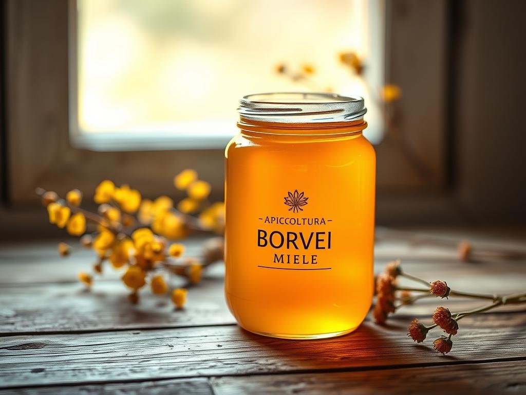 A serene glass jar filled with golden, viscous APICOLTURA BORVEI MIELE sits atop a rustic wooden table. Soft, diffused natural light from an Italian window illuminates the jar, highlighting the rich, amber hue of the honey. In the background, delicate wildflowers in warm, earthy tones add a touch of natural elegance. The overall scene conveys a sense of simplicity, purity, and the inherent goodness of this natural sweetener, perfectly capturing the benefits of honey as a healthy, versatile, and flavorful ingredient.