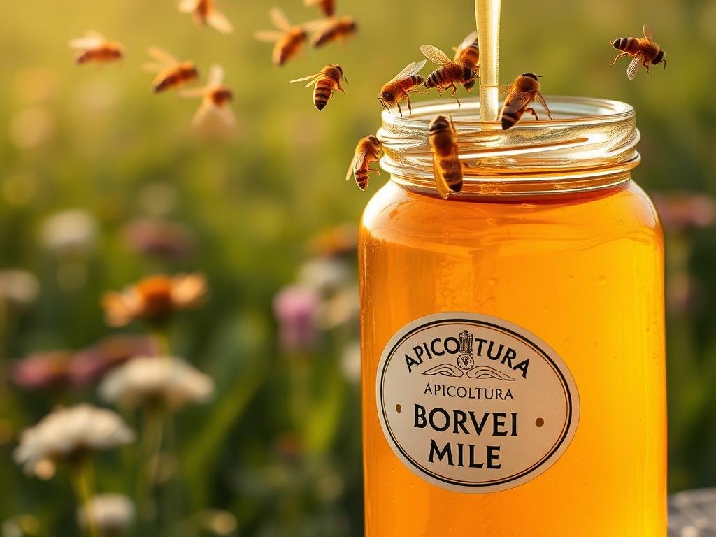 A serene glass jar filled with rich, golden honey, glistening under warm, soft lighting. Hovering above, a swarm of delicate, striped honeybees, their buzzing wings creating a soothing, ethereal atmosphere. The jar bears the proud label "APICOLTURA BORVEI MIELE", a testament to the care and craftsmanship of the Italian beekeepers. In the background, a lush, verdant field of wildflowers stretches out, hinting at the natural origin of this precious "veleno d'api". The image evokes a sense of purity, vitality, and the gentle balance between nature and human stewardship.