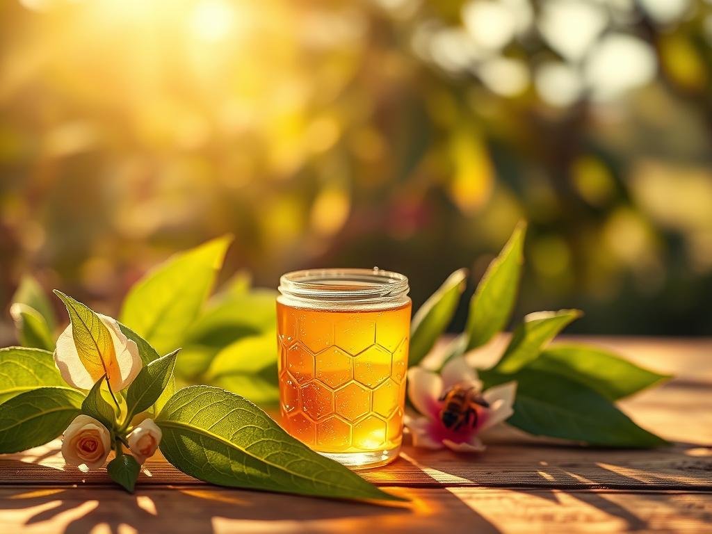 A serene, golden-hued composition depicting the natural benefits of Apicoltura's royal jelly. In the foreground, a delicate glass vial filled with the rich, viscous substance glistens under warm, soft lighting. Surrounding it, verdant leaves and petals evoke the lush flora from which this precious elixir is harvested. In the middle ground, a wooden table surface suggests a cozy, rustic ambiance, hinting at the traditional Italian apiculture heritage. The background fades into a tranquil, sun-dappled setting, evoking a sense of harmony and wellness. This image perfectly encapsulates the wonders of royal jelly and its role in promoting health and wellbeing.