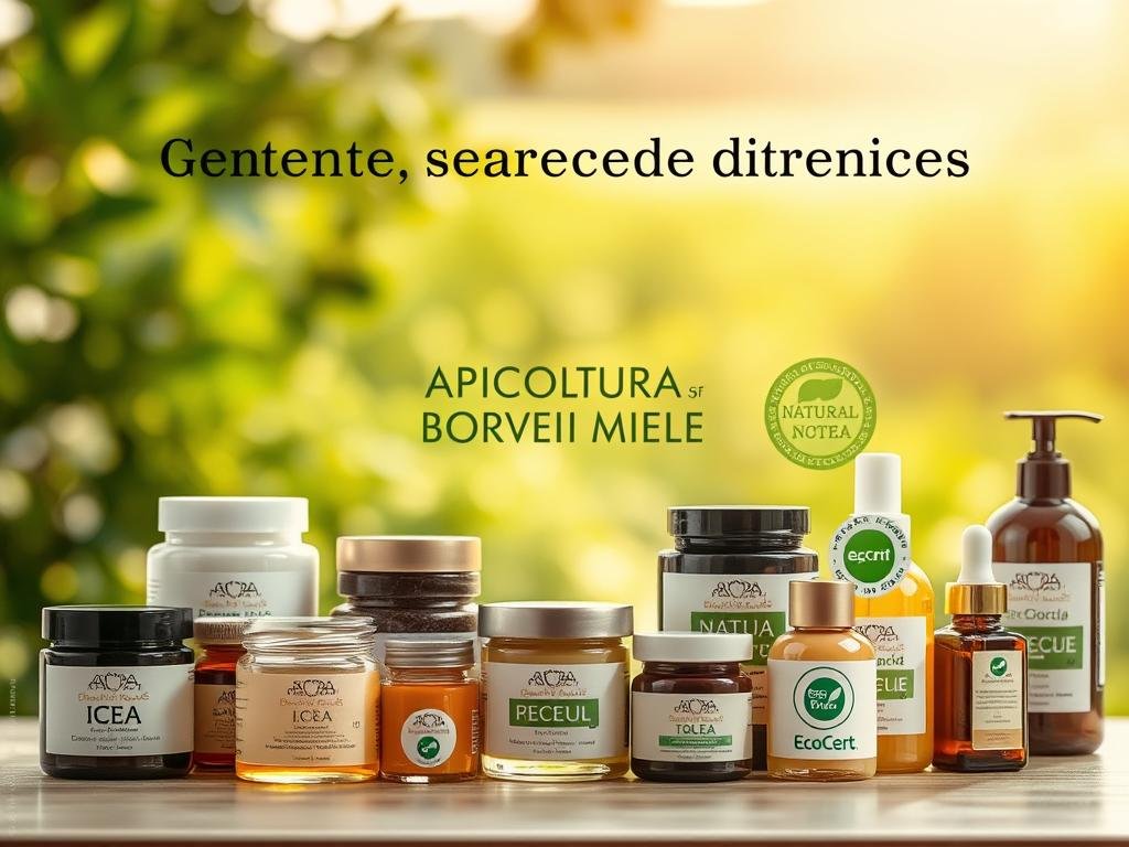 A serene image showcasing the natural cosmetic certifications. In the foreground, a collection of cosmetic jars and bottles adorned with various certification seals, such as ICEA, NaTrue, and EcoCert, arranged in a visually pleasing manner. The middle ground features a prominent display of the brand "APICOLTURA BORVEI MIELE," emphasizing the connection between natural cosmetics and the purity of bee-derived ingredients. The background depicts a soft, blurred landscape of lush greenery, evoking a sense of tranquility and the harmony between nature and conscious consumption. The lighting is warm and diffused, creating a welcoming and inviting atmosphere. The overall composition and attention to detail effectively convey the message of recognizing genuine natural cosmetics and their associated certifications.