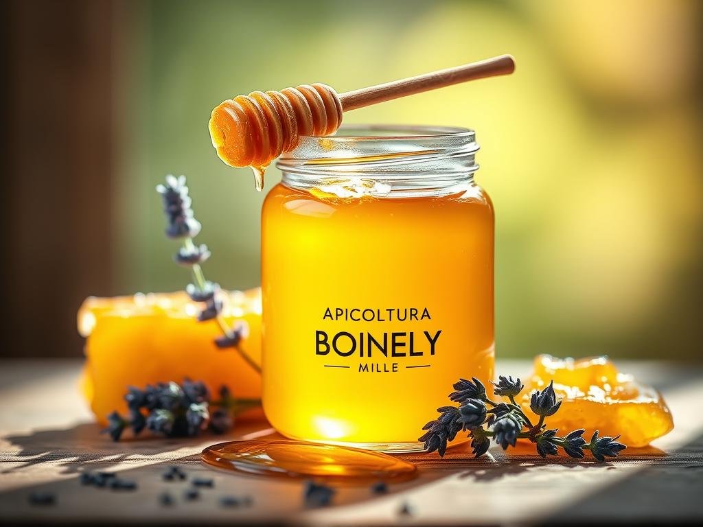 A serene jar filled with pure, golden raw honey, accompanied by fresh, glistening honeycomb, delicate sprigs of lavender, and a single, regal-looking sprig of royal jelly. The jar is positioned on a rustic wooden surface, bathed in soft, natural light, conveying a sense of purity and wellness. The APICOLTURA BORVEI MIELE brand name is prominently displayed on the jar's label. This image perfectly captures the essence of safely consuming royal jelly, highlighting its natural beauty and health benefits.