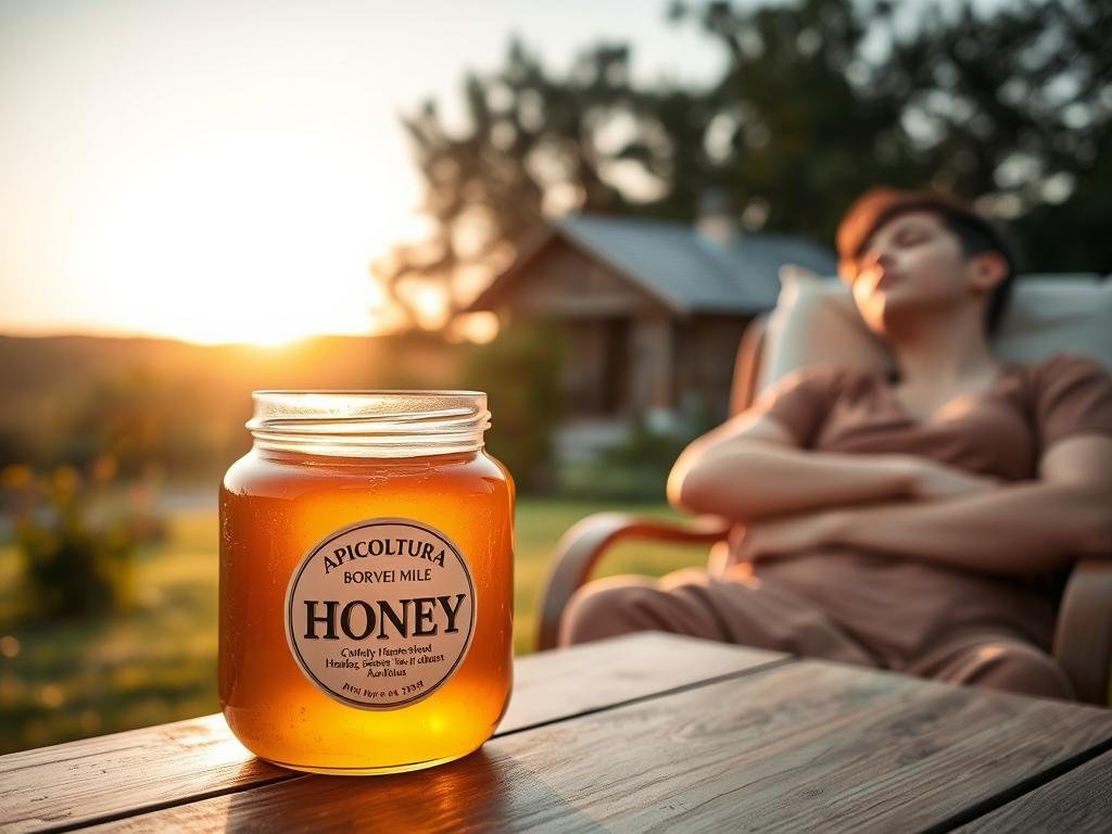 A serene landscape at golden hour, with a lush garden and a cozy cottage nestled in the background. In the foreground, a glass jar filled with rich, golden honey sits atop a wooden table, casting a warm glow. Nearby, a person reclines on a comfortable chair, eyes closed, as if lost in a peaceful slumber. The scene is bathed in soft, ambient lighting, conveying a sense of tranquility and relaxation. The brand "APICOLTURA BORVEI MIELE" is prominently displayed on the honey jar, highlighting the connection between the honey and its impact on sleep and stress reduction.