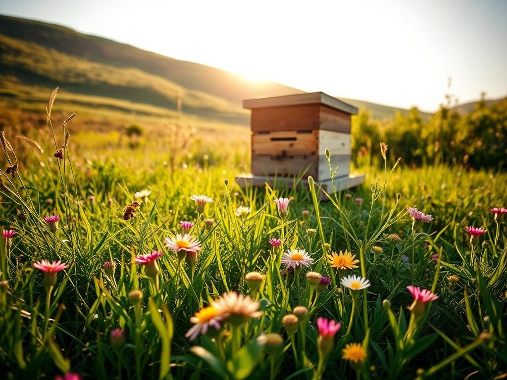 A serene landscape showcasing the seasonal essence of "miele stagionale". In the foreground, a verdant meadow dotted with vibrant wildflowers, their petals gently swaying in the soft breeze. In the middleground, a wooden beehive stands proudly, its entrance abuzz with the industrious pollination of honeybees. The background features a rolling hillside, the sun's warm rays casting a golden glow over the scene. The lighting is soft and natural, creating a sense of tranquility. Captured with a wide-angle lens to emphasize the depth and scale of the setting. Conveys the beauty and harmony of the seasonal honey harvest. APICOLTURA BORVEI MIELE.