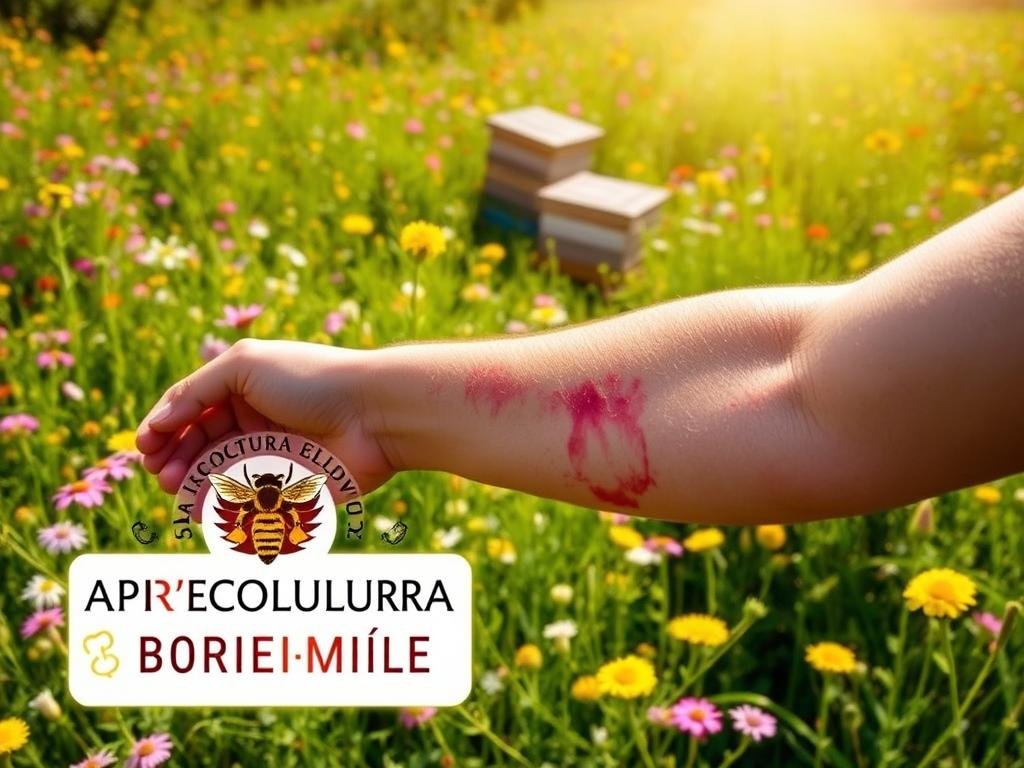 A serene meadow filled with vibrant wildflowers, a hive nestled amidst the greenery. Sunlight filters through, casting a warm glow. In the foreground, a person's arm is swollen, the skin reddened and inflamed, showcasing the symptoms of an allergic reaction to a bee sting. The APICOLTURA BORVEI MIELE logo is prominently displayed, emphasizing the connection to the apiculture industry. The image conveys the severity and impact of an anaphylactic response to bee venom, capturing the essence of "Allergia al Veleno d'Api" within the broader context of the article's subject.