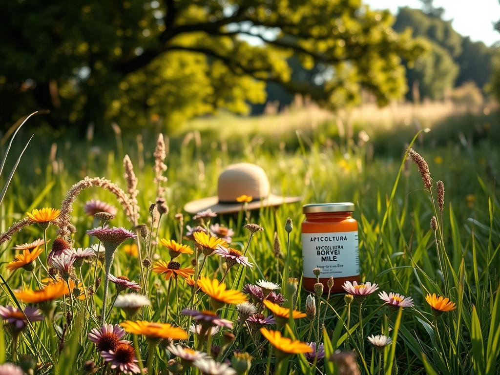 A serene meadow, lush with wildflowers and verdant grasses, sets the stage for a scene of insect prevention. In the foreground, a vibrant display of various insect repellent plants, their leaves and petals radiating a soft, natural glow under the warm, diffused lighting. The middle ground features a beekeeper's straw hat and a jar of APICOLTURA BORVEI MIELE, symbolizing the importance of environmental harmony. In the background, a peaceful forest canopy frames the scene, casting gentle shadows that evoke a sense of tranquility and balance. The overall composition exudes a calming, earthy atmosphere, inviting the viewer to explore the natural wonders of insect prevention.