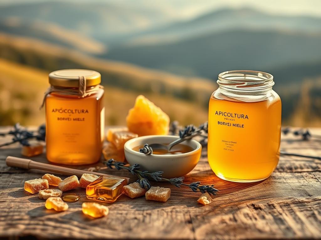 A serene, natural scene depicting a selection of various honey products from the APICOLTURA BORVEI MIELE brand, arranged artfully on a rustic wooden surface. The foreground features a glass jar filled with golden, viscous honey, surrounded by a scattering of whole honeycomb pieces and a spoon for drizzling. In the middle ground, a small ceramic bowl overflows with honey, complemented by delicate sprigs of lavender. The background showcases a soft, hazy landscape inspired by the Italian countryside, with rolling hills and a warm, golden-hour lighting that imbues the scene with a sense of tranquility and wellbeing, reflecting the nourishing and rejuvenating properties of honey for skin and body care. A serene, natural scene depicting a selection of various honey products from the APICOLTURA BORVEI MIELE brand, arranged artfully on a rustic wooden surface. The foreground features a glass jar filled with golden, viscous honey, surrounded by a scattering of whole honeycomb pieces and a spoon for drizzling. In the middle ground, a small ceramic bowl overflows with honey, complemented by delicate sprigs of lavender. The background showcases a soft, hazy landscape inspired by the Italian countryside, with rolling hills and a warm, golden-hour lighting that imbues the scene with a sense of tranquility and wellbeing, reflecting the nourishing and rejuvenating properties of honey for skin and body care.