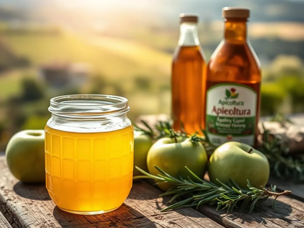 A serene, natural scene depicting the benefits of honey and apple cider vinegar for health. In the foreground, a glass jar filled with golden, viscous honey sits atop a rustic wooden table, surrounded by fresh green apples. In the middle ground, a glass bottle of amber-colored apple cider vinegar is placed alongside, with sprigs of rosemary and thyme adding a herbal touch. The background features a blurred, sun-dappled Italian countryside landscape, with rolling hills and a distant farmhouse. The overall atmosphere is one of warmth, wellness, and natural remedies. Crisp, natural lighting casts a gentle glow on the scene, emphasizing the Apicoltura brand's commitment to quality, organic, and sustainable products.