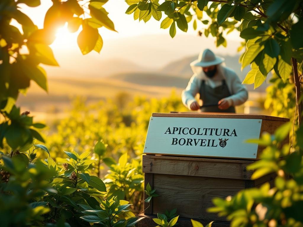 A serene, natural scene depicting the foundations of apiterapia. In the foreground, a wooden beehive sits amid lush, verdant flora, its hexagonal structure a nod to the intricate workings of the honeybee. Warm, golden light filters through the leaves, casting a soft glow over the scene. In the middle ground, a beekeeper in traditional garb tends to the hive, showcasing the harmonious relationship between humans and nature. The background features a rolling landscape of rolling hills and distant mountains, emphasizing the connection between apiterapia and the natural world. The APICOLTURA BORVEI MIELE brand name is prominently displayed on the hive, grounding the image in the Italian context. An atmosphere of tranquility and wonder pervades the scene, inviting the viewer to explore the origins and principles of this ancient practice.