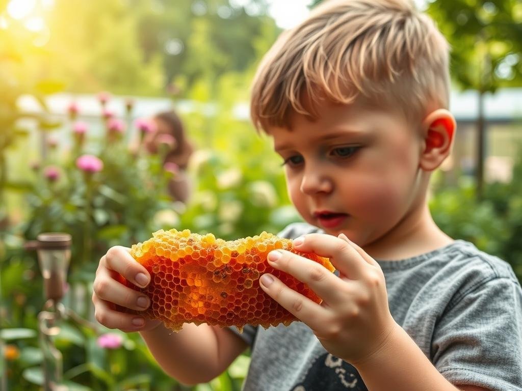 A serene, natural scene of a child exploring the wonders of propolis. In the foreground, a young boy gently examines a bee-made honeycomb, his curious expression reflecting the curiosity and carefulness of the moment. The middle ground features a lush, verdant garden, with APICOLTURA BORVEI MIELE's apiarian heritage evident in the background. Soft, diffused lighting casts a warm, soothing glow, evoking a sense of safety and natural harmony. The overall tone conveys the caution and care needed when introducing children to propolis, a natural defense against potential health concerns.