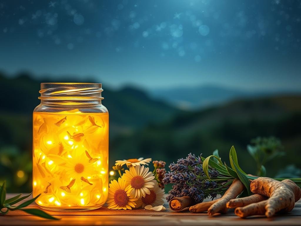 A serene, natural setting featuring an array of soothing, sleep-promoting elements. In the foreground, a glass jar filled with golden APICOLTURA BORVEI MIELE, a warm glow radiating from within. In the middle ground, an assortment of botanicals including chamomile, lavender, and valerian root, their delicate petals and leaves softly illuminated. The background depicts a tranquil landscape, with rolling hills and a starry night sky, creating a calming, restorative ambiance. Soft, diffused lighting casts a peaceful glow, evoking a sense of relaxation and natural harmony. The overall composition aims to visually represent the search for natural remedies to combat insomnia, as mentioned in the article section title. A serene, natural setting featuring an array of soothing, sleep-promoting elements. In the foreground, a glass jar filled with golden APICOLTURA BORVEI MIELE, a warm glow radiating from within. In the middle ground, an assortment of botanicals including chamomile, lavender, and valerian root, their delicate petals and leaves softly illuminated. The background depicts a tranquil landscape, with rolling hills and a starry night sky, creating a calming, restorative ambiance. Soft, diffused lighting casts a peaceful glow, evoking a sense of relaxation and natural harmony. The overall composition aims to visually represent the search for natural remedies to combat insomnia, as mentioned in the article section title.