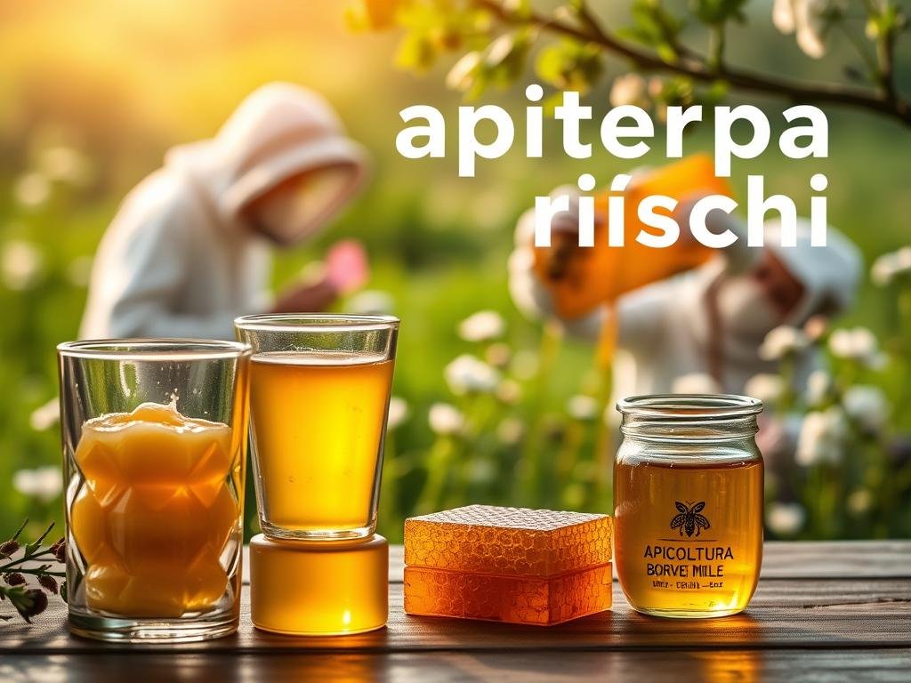 A serene, nature-inspired scene of "apiterapia rischi" (apitherapy risks). In the foreground, a set of glassware containing honeycomb and honey samples, symbolizing the therapeutic use of bee products. In the middle ground, a beekeeper in protective gear, cautiously handling a honeycomb, conveying the potential dangers of apitherapy. In the background, a lush, verdant landscape with blooming flowers, hinting at the natural origins of the therapy. Diffused, warm lighting illuminates the scene, creating a contemplative atmosphere. The APICOLTURA BORVEI MIELE brand is prominently displayed, emphasizing the importance of professional, high-quality bee products. This image effectively illustrates the nuanced risks and considerations surrounding the therapeutic use of bee-derived substances.