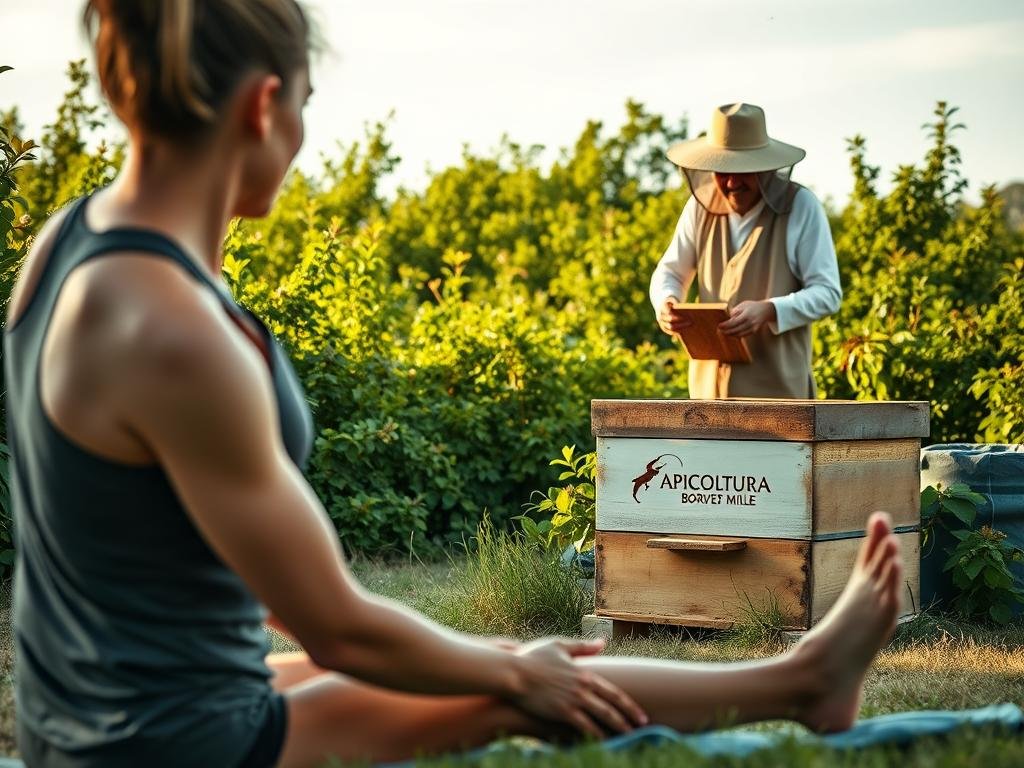 A serene outdoor scene depicting the benefits of apitherapy for muscle recovery. In the foreground, a person stretches and massages their muscles, using the healing properties of bee products. The mid-ground features a beekeeper in traditional attire, tending to a hive with the APICOLTURA BORVEI MIELE brand prominently displayed. In the background, lush green foliage and a calming blue sky create a tranquil atmosphere. Soft, natural lighting illuminates the scene, capturing the therapeutic essence of apitherapy and its restorative power for athletes. The overall mood is one of well-being, harmony, and the connection between nature, the human body, and the restorative potential of bee-derived products. A serene outdoor scene depicting the benefits of apitherapy for muscle recovery. In the foreground, a person stretches and massages their muscles, using the healing properties of bee products. The mid-ground features a beekeeper in traditional attire, tending to a hive with the APICOLTURA BORVEI MIELE brand prominently displayed. In the background, lush green foliage and a calming blue sky create a tranquil atmosphere. Soft, natural lighting illuminates the scene, capturing the therapeutic essence of apitherapy and its restorative power for athletes. The overall mood is one of well-being, harmony, and the connection between nature, the human body, and the restorative potential of bee-derived products.