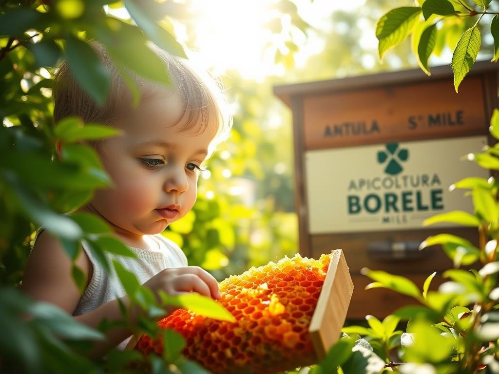 A serene outdoor scene featuring a child surrounded by lush, verdant foliage. The child is exploring a honeycomb, their eyes wide with wonder as they gently touch the intricate structure. Sunlight filters through the leaves, casting a warm, golden glow over the scene. In the background, a large beehive bearing the logo "APICOLTURA BORVEI MIELE" stands as a symbol of the natural world and its bounty. The image conveys a sense of harmony and the inherent safety and efficacy of propolis, a natural defense for the child.