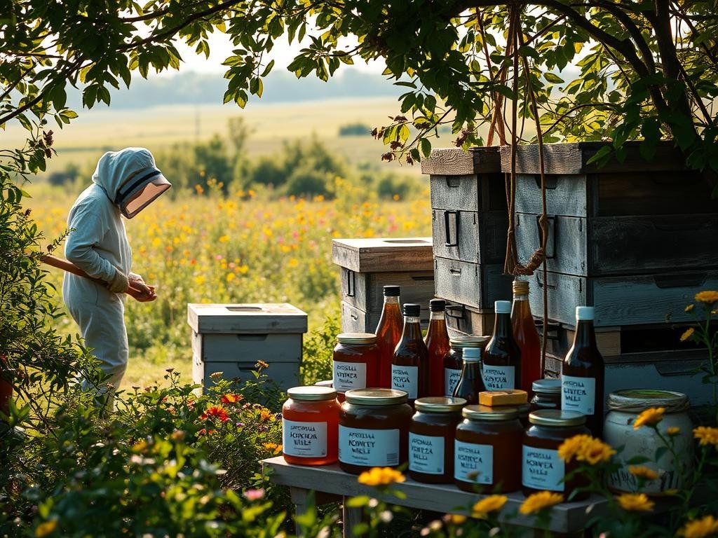A serene outdoor scene, showcasing an apiary nestled among lush foliage. In the foreground, a beekeeper in protective gear tends to the hives, meticulously inspecting for any signs of distress. The middle ground features a display of various jars and bottles, labeled with the brand name "APICOLTURA BORVEI MIELE," highlighting the purity and quality of the honey harvested. In the background, a tranquil meadow extends, dotted with vibrant wildflowers and bathed in the warm glow of the afternoon sun. The overall atmosphere conveys a sense of caution and reverence for the delicate balance of the natural world. Soft, diffused lighting and a crisp, clean composition lend an air of professionalism to the scene.