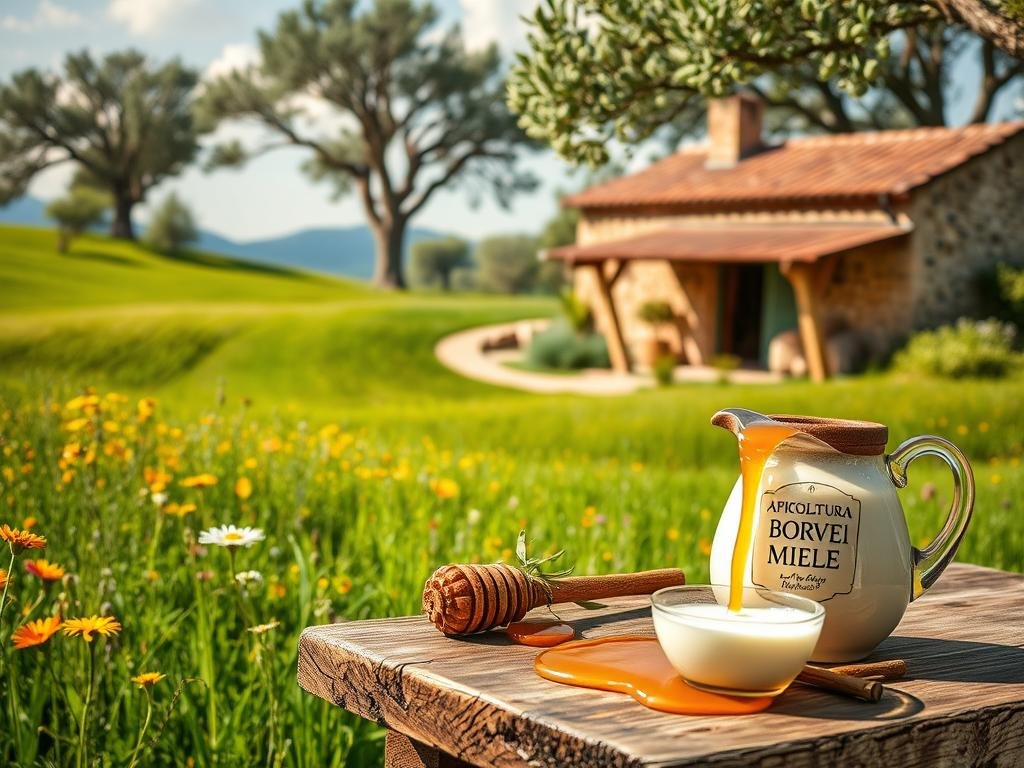 A serene pastoral scene, rolling green meadows dotted with vibrant wildflowers, sun-dappled and alive. In the foreground, a rustic wooden table laden with a luscious display of golden honey drizzling from a ceramic jar, alongside a pitcher brimming with creamy, frothy milk. The APICOLTURA BORVEI MIELE brand prominently featured. In the background, a quaint Italian farmhouse with weathered stone walls and a terracotta roof, surrounded by ancient olive trees. Soft, warm lighting illuminates the scene, creating a timeless, inviting atmosphere, capturing the timeless tradition and natural goodness of "Miele e Latte".