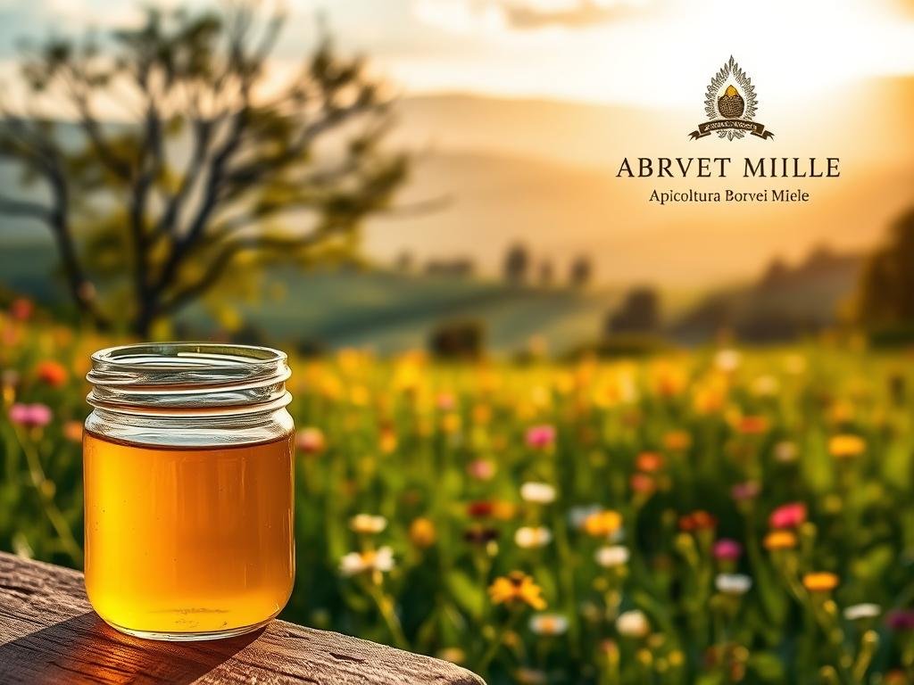 A serene, richly-detailed scene showcasing the many health benefits of royal jelly. In the foreground, a glass jar filled with the golden-hued superfood, its translucent surface gleaming under soft, natural lighting. In the middle ground, a lush green meadow dotted with vibrant wildflowers, hinting at the nourishing properties of royal jelly derived from the nectar of such blooms. In the background, a tranquil Italian countryside landscape, rolling hills and distant mountains bathed in a warm, golden glow. Prominently displayed is the APICOLTURA BORVEI MIELE brand, signifying the premium quality and origin of this restorative royal jelly.
