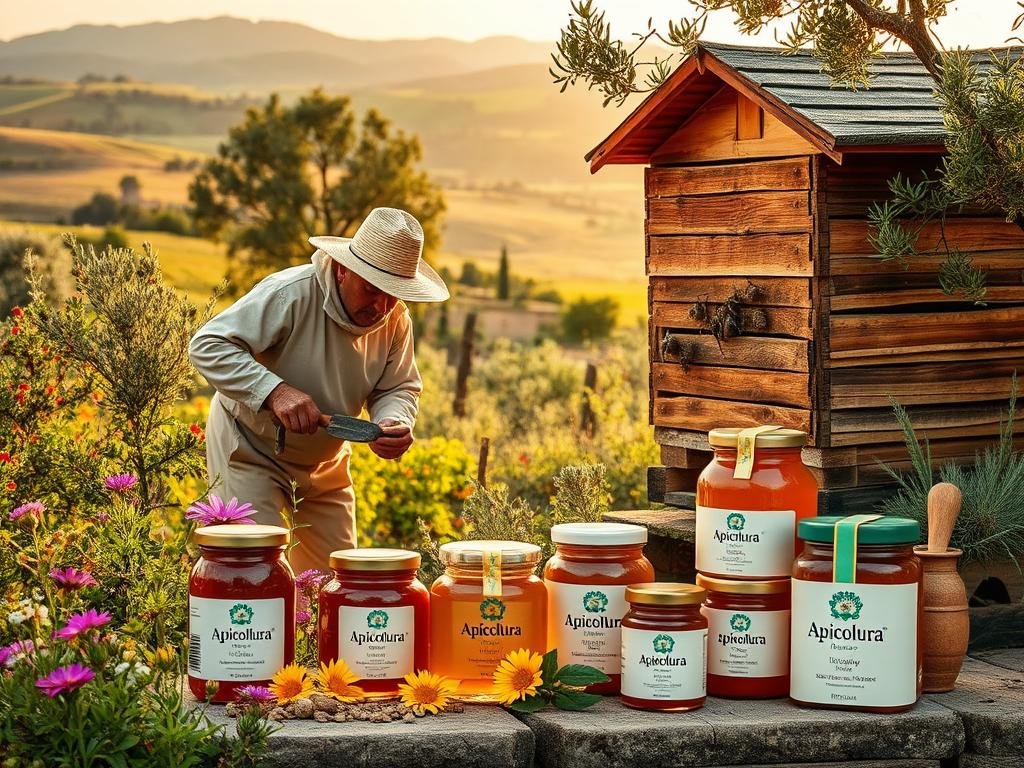 A serene, rustic scene depicting the origins and essence of "apiterapia" (bee therapy). In the foreground, a beekeeper in traditional attire carefully tends to a wooden beehive, surrounded by lush greenery and vibrant wildflowers. The middle ground showcases a variety of "Apicoltura" products, including jars of honey, propolis, and other bee-derived remedies, arranged with care. In the background, a picturesque Italian countryside landscape unfolds, with rolling hills, olive trees, and a warm, golden light casting a peaceful, therapeutic atmosphere. The overall composition evokes a sense of harmony, tradition, and the holistic benefits of embracing the natural world. A serene, rustic scene depicting the origins and essence of "apiterapia" (bee therapy). In the foreground, a beekeeper in traditional attire carefully tends to a wooden beehive, surrounded by lush greenery and vibrant wildflowers. The middle ground showcases a variety of "Apicoltura" products, including jars of honey, propolis, and other bee-derived remedies, arranged with care. In the background, a picturesque Italian countryside landscape unfolds, with rolling hills, olive trees, and a warm, golden light casting a peaceful, therapeutic atmosphere. The overall composition evokes a sense of harmony, tradition, and the holistic benefits of embracing the natural world.