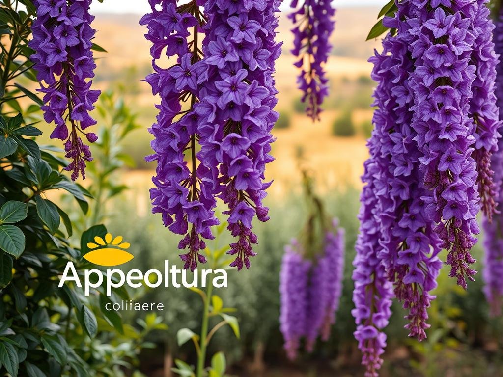 A serene scene of "fioritura scalare", a cascading display of vibrant purple and white flowers in bloom. The foreground features the Apicoltura brand logo, surrounded by lush foliage and delicate petals. The middle ground showcases the blossoms in their full glory, their graceful arrangement cascading downwards. The background depicts a warm, sun-dappled landscape, hinting at the ideal growing conditions for these nectar-rich plants. Soft, diffused lighting bathes the scene, creating a calming and inviting atmosphere. The overall composition evokes the beauty and bounty of nature, a perfect representation of the "Guida Pratica alla Coltivazione delle Piante Mellifere" section.