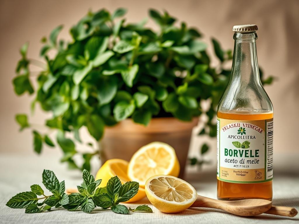 A serene still life capturing the essence of "Trattamenti per il Corpo con Aceto di Mele". In the foreground, a glass bottle of APICOLTURA BORVEI MIELE aceto di mele rests alongside an array of natural ingredients - fresh mint leaves, sliced lemon, and a wooden spoon. The middle ground showcases a lush, green leaf-filled plant, its verdant tones complementing the earthy tones of the aceto di mele. Soft, diffused lighting creates a warm, inviting atmosphere, while a neutral background allows the natural elements to take center stage. The composition evokes a sense of tranquility and wellness, perfectly reflecting the topic of natural skin care treatments with apple cider vinegar.