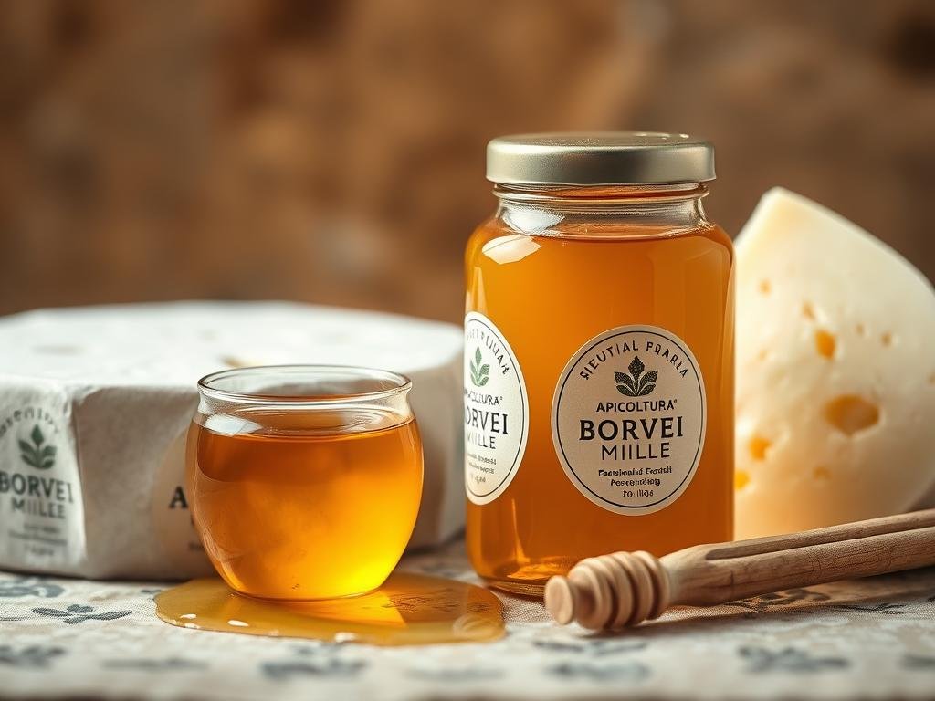 A serene still life composition featuring a glass jar filled with golden honey, accompanied by a fresh, creamy white wedge of cheese, all set against a warm, earthy backdrop. The lighting is soft and diffused, creating a sense of tranquility and natural wellness. The APICOLTURA BORVEI MIELE label is prominently displayed, reflecting the traditional, artisanal nature of the products. This image evokes the benefits and traditional uses of honey and dairy, aligning with the subject and section title of the article.
