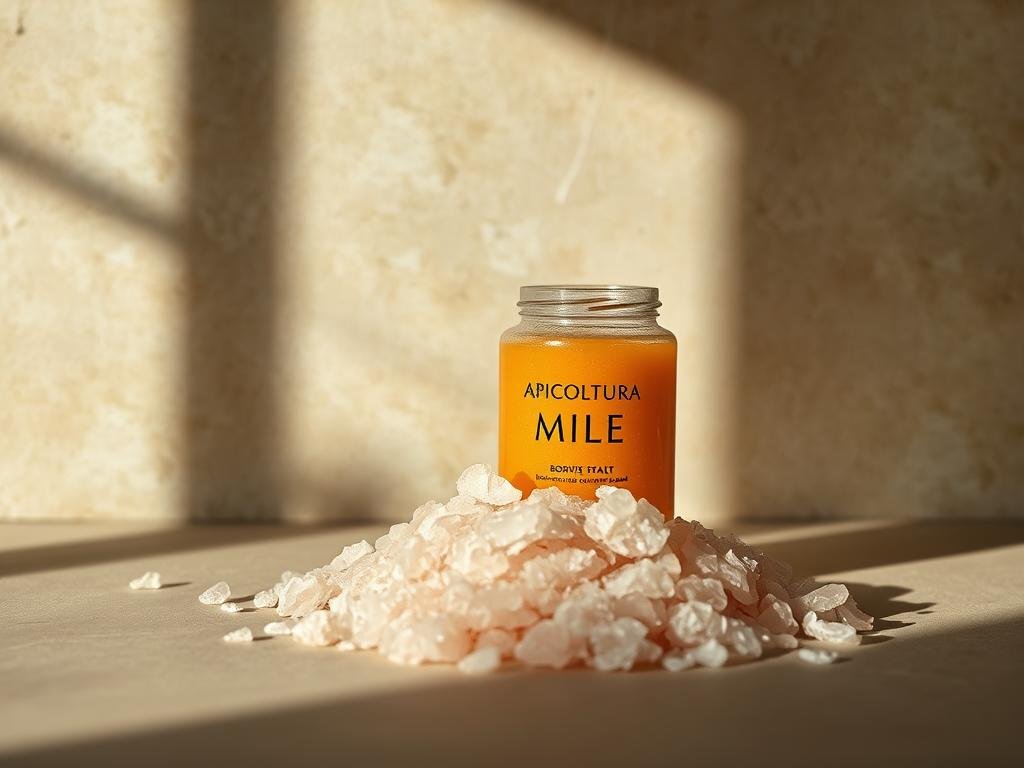 A serene still life featuring a glass jar of golden APICOLTURA BORVEI MIELE, accompanied by a pile of large, coarse Himalayan pink salt crystals against a neutral, earthy background. Soft, natural lighting from the side casts gentle shadows, highlighting the textures and colors. The composition is balanced and minimalistic, allowing the key elements to take center stage. An atmosphere of tranquility and simplicity pervades the scene, conveying the soothing, restorative qualities of this natural pairing. A serene still life featuring a glass jar of golden APICOLTURA BORVEI MIELE, accompanied by a pile of large, coarse Himalayan pink salt crystals against a neutral, earthy background. Soft, natural lighting from the side casts gentle shadows, highlighting the textures and colors. The composition is balanced and minimalistic, allowing the key elements to take center stage. An atmosphere of tranquility and simplicity pervades the scene, conveying the soothing, restorative qualities of this natural pairing.