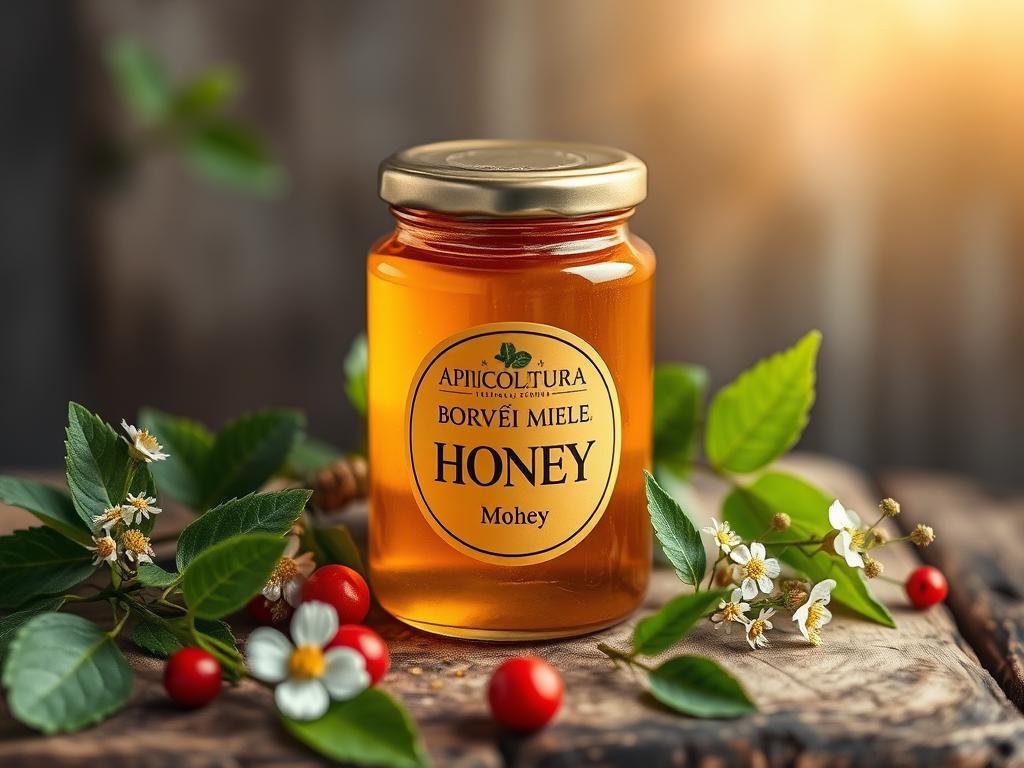 A serene still life featuring an elegant glass jar filled with rich, golden honey from the APICOLTURA BORVEI MIELE brand. The jar is placed on a rustic wooden surface, surrounded by fresh green leaves, delicate wildflowers, and a few ripe, juicy berries. The lighting is soft and diffused, casting a warm, inviting glow over the composition. The image conveys a sense of natural sweetness, health, and the harmony between honey and the human body's glucose levels.