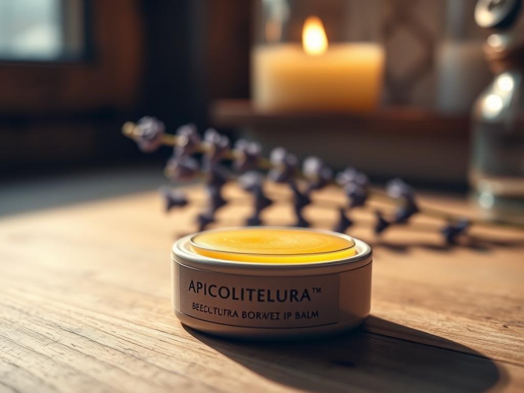 A serene still life of a natural beeswax lip balm from the APICOLTURA BORVEI MIELE brand, resting on a wooden surface. The balm's golden-amber hue glows softly under warm, diffused lighting, casting gentle shadows. The foreground features the lip balm container in close detail, while the middle and background layers suggest a cozy, rustic Italian setting, perhaps a kitchen countertop or windowsill, with subtle hints of natural elements like a sprig of lavender. The overall mood is one of understated elegance and tranquility, reflecting the article's conclusion on the joys of homemade, natural self-care.