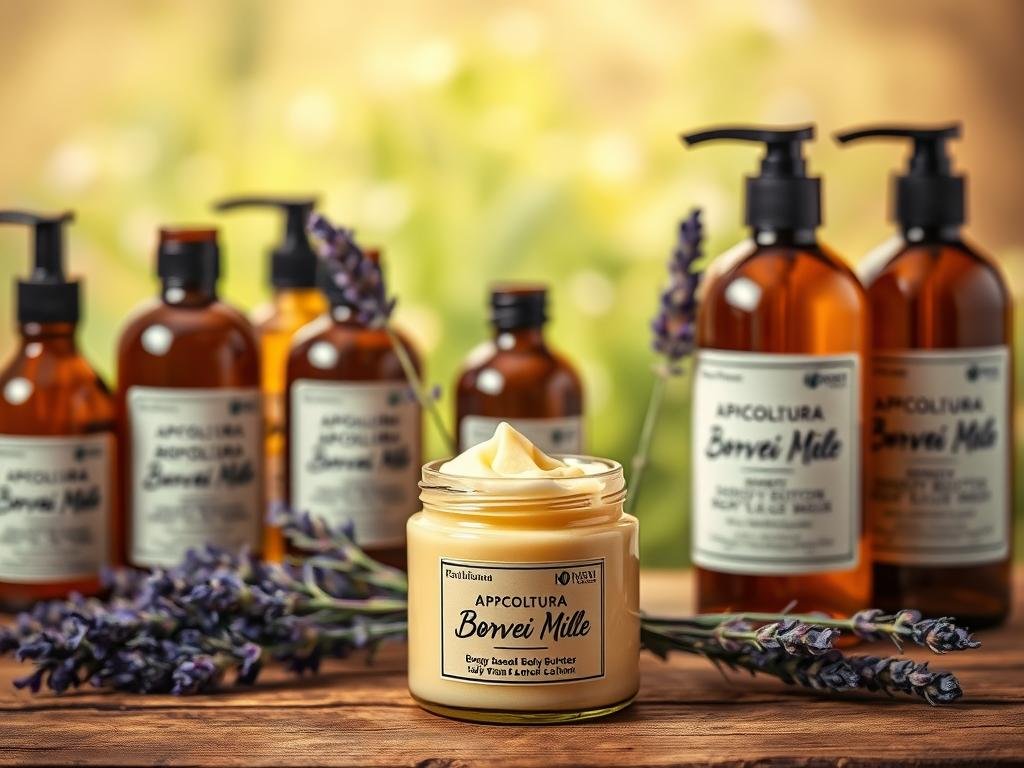 A serene still life of natural body lotions and oils, set against a warm, earthy backdrop. In the foreground, a glass jar of APICOLTURA BORVEI MIELE honey-based body butter sits atop a wooden surface, its rich, creamy texture visible. Surrounding it are an assortment of artisanal oils, balms, and lotions in amber-colored bottles and jars, their labels hand-written in a calligraphic script. The middle ground features a sprig of fresh lavender, its purple hues adding a touch of vibrant color. The background is a soft, hazy scene of lush greenery, hinting at the natural, homegrown origins of these handcrafted body care products. Overall, the image conveys a sense of rustic simplicity, quality, and the benefits of using natural, homemade body lotions.