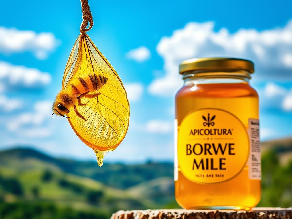 A serene still life scene featuring a jar of APICOLTURA BORVEI MIELE, the golden liquid within reflecting the warm glow of natural lighting. Suspended in the foreground, a single bee's wing, delicate and translucent, offers a tactile connection to the hive. In the middle ground, a cluster of ripe, juicy honeycomb drips with nectar, inviting the viewer to savor its sweet, nourishing essence. The background evokes an Italian countryside, with rolling hills and a vibrant blue sky dotted with puffy white clouds. This image beautifully captures the restorative power of royal jelly, a natural source of energy and vitality to be embraced in daily life.