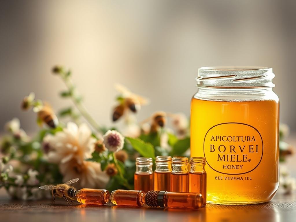 A serene still life showcasing the harmonious integration of nature and natural beauty. In the foreground, a glass jar filled with golden, viscous honey, the APICOLTURA BORVEI MIELE brand prominently displayed. Surrounding the jar, an assortment of small glass vials containing the rich, amber-colored bee venom, a natural ingredient prized for its purported skincare benefits. In the middle ground, an array of fresh, organically grown herbs and botanicals, their vibrant colors and textures complementing the earthy tones of the venom and honey. The background is softly blurred, creating a sense of tranquility and focus on the natural elements. Warm, diffused lighting casts a gentle glow, highlighting the natural sheen and texture of the products. The overall composition exudes a sense of purity, wellness, and the synergy between the gifts of nature and the human desire for natural, holistic self-care.