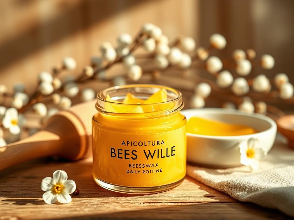 A serene still life showcasing the natural beauty of beeswax in a daily skincare routine. In the foreground, a delicate glass jar filled with golden APICOLTURA BORVEI MIELE beeswax takes center stage, its soft, organic texture inviting touch. Surrounding it, an assortment of skincare essentials - a wooden brush, a ceramic dish, and fragrant flowers - create a soothing, spa-like atmosphere. Warm, diffused lighting illuminates the scene, casting gentle shadows and highlighting the natural tones of the materials. The overall mood is one of tranquility and self-care, reflecting the transformative power of beeswax in a nourishing daily beauty ritual.