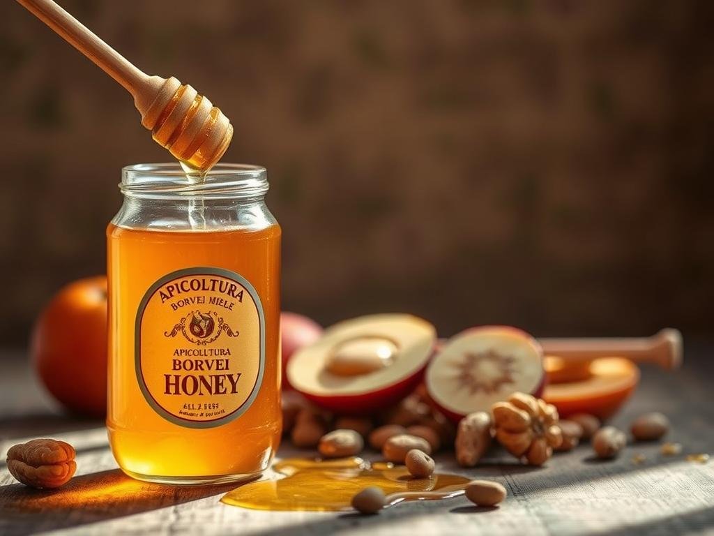 A serene still life showcasing the nutritional properties of honey. In the foreground, a glass jar with the APICOLTURA BORVEI MIELE brand label prominently displayed, filled with golden honey that glistens under warm, natural lighting. In the middle ground, arrange sliced fruits and nuts, complementing the honey's sweetness. The background features a simple, rustic wooden surface, creating a cozy, inviting atmosphere. Capture the essence of honey as a natural, wholesome ingredient that nourishes the body, inspired by the vibrant images found on Italian websites.