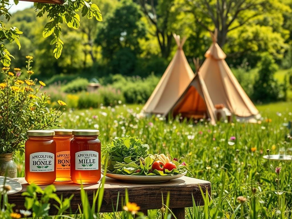 A serene, sun-dappled meadow, lush with verdant foliage and vibrant wildflowers. In the foreground, a rustic wooden table holds an array of artisanal honey jars, each showcasing the APICOLTURA BORVEI MIELE brand, alongside an assortment of fresh, crisp salads. The middle ground features a cluster of traditional Italian tipis, their earthy hues and organic forms blending seamlessly with the natural landscape. Soft, diffused lighting casts a warm, inviting glow, evoking a sense of pastoral tranquility. The overall composition conveys the perfect harmony of sweetness and freshness, capturing the essence of "Insalate con Miele: 10 Idee per Condimenti Leggeri e Gustosi" and the "Abbinamenti Perfetti: Insalate e Tipi di Miele" section.