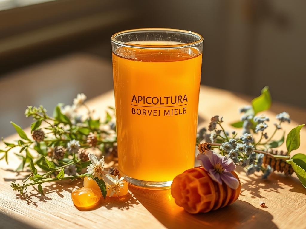 A serene, sun-dappled scene of a vibrant honey-filled glass, surrounded by lush botanicals and organic textures. Warm natural lighting illuminates the rich, golden hue of the APICOLTURA BORVEI MIELE, casting a soft glow over a delicate arrangement of fresh herbs, flowers, and honeycomb. The composition evokes a sense of wellness and vitality, reflecting the beneficial properties of honey in soothing, nourishing beverages. Subtle shadow play adds depth and dimension, while a touch of Italian charm permeates the overall mood and atmosphere.