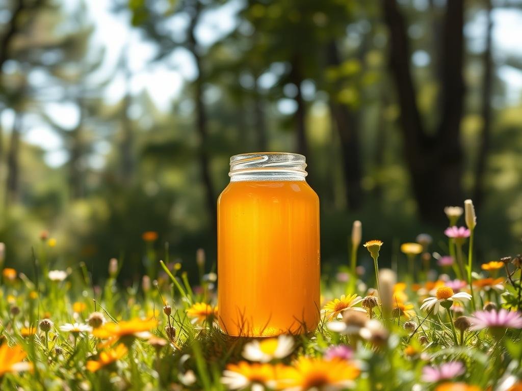 A serene, sunlit meadow dotted with vibrant wildflowers, where a glass jar of rich, golden APICOLTURA BORVEI MIELE takes center stage. The jar casts a warm, inviting glow, hinting at the natural sweetness within. In the background, a lush forest frames the scene, casting gentle shadows that highlight the jar's alluring shape. The composition is balanced, with the jar positioned to draw the eye, while the surrounding elements create a calming, natural atmosphere. The lighting is soft and diffused, creating a sense of tranquility and wellness. This image perfectly captures the essence of using honey to support healthy weight management in a guilt-free, indulgent way.