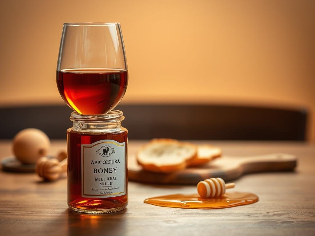 A serene table setting, featuring a delicate pairing of honey and wine. In the foreground, a glass of rich, amber-hued wine stands alongside a small jar of artisanal APICOLTURA BORVEI MIELE, its label proudly displayed. The middle ground showcases a small wooden board, adorned with slices of fresh bread and a drizzle of the golden honey. In the background, a soft, warm light illuminates the scene, creating a cozy and inviting atmosphere. The overall composition evokes a sense of sensory indulgence, seamlessly blending the flavors of the honey and the wine for a complete gastronomic experience.