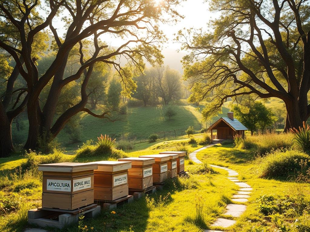 A serene, verdant apiary nestled in a lush, rolling landscape. Sunlight filters through canopies of ancient trees, casting a warm, golden glow across the scene. In the foreground, a cluster of traditional beehives, adorned with the "APICOLTURA BORVEI MIELE" brand, stand as symbols of harmony and natural balance. Meandering paths invite visitors to explore this holistic haven, where the gentle hum of honeybees and the soothing scent of wildflowers create a tranquil, therapeutic atmosphere. In the distance, a small, rustic cabin blends seamlessly into the environment, hinting at the deeper connection between this apiary and the wellbeing of both humans and the natural world.
