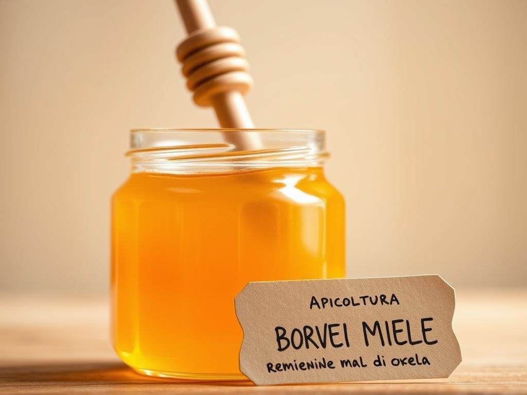 A serene, warm-toned close-up of a glass jar filled with golden, viscous honey, with a wooden honey dipper emerging from the jar. The jar is set against a simple, minimalist background, creating a clean, elegant composition. Soft, natural lighting casts a gentle glow on the honey, highlighting its rich, amber hues. In the foreground, a handwritten label bearing the text "APICOLTURA BORVEI MIELE" is visible, adding a personal, artisanal touch to the scene. The image conveys a sense of comfort, natural wellness, and the soothing qualities of honey as a remedy for cough and sore throat, aligning with the "Conclusione" section of the article "Il Miele Come Rimedio Naturale per Tosse e Mal di Gola."