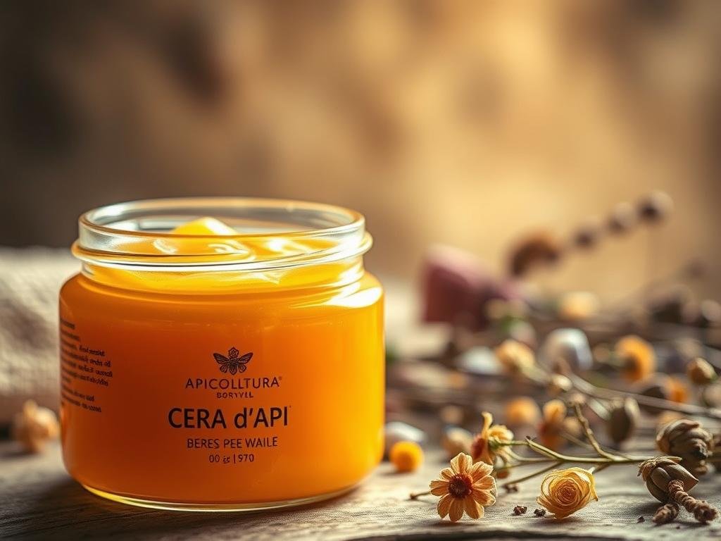 A soft-lit, close-up photograph of a jar of golden, viscous Cera d'Api (beeswax) set against a natural, organic backdrop. The beeswax glistens under the warm, diffused lighting, revealing its rich, amber hue. In the foreground, the jar is prominently displayed, with the APICOLTURA BORVEI MIELE logo visible on the label. The middle ground features scattered, delicate dried flowers, herbs, and other natural elements, hinting at the remedial properties of the wax. The background is blurred, but suggests a rustic, earthy setting, alluding to the product's artisanal, handcrafted nature. The overall mood is serene, soothing, and inviting, evoking the potential benefits of using Cera d'Api to address acne and other skin imperfections.