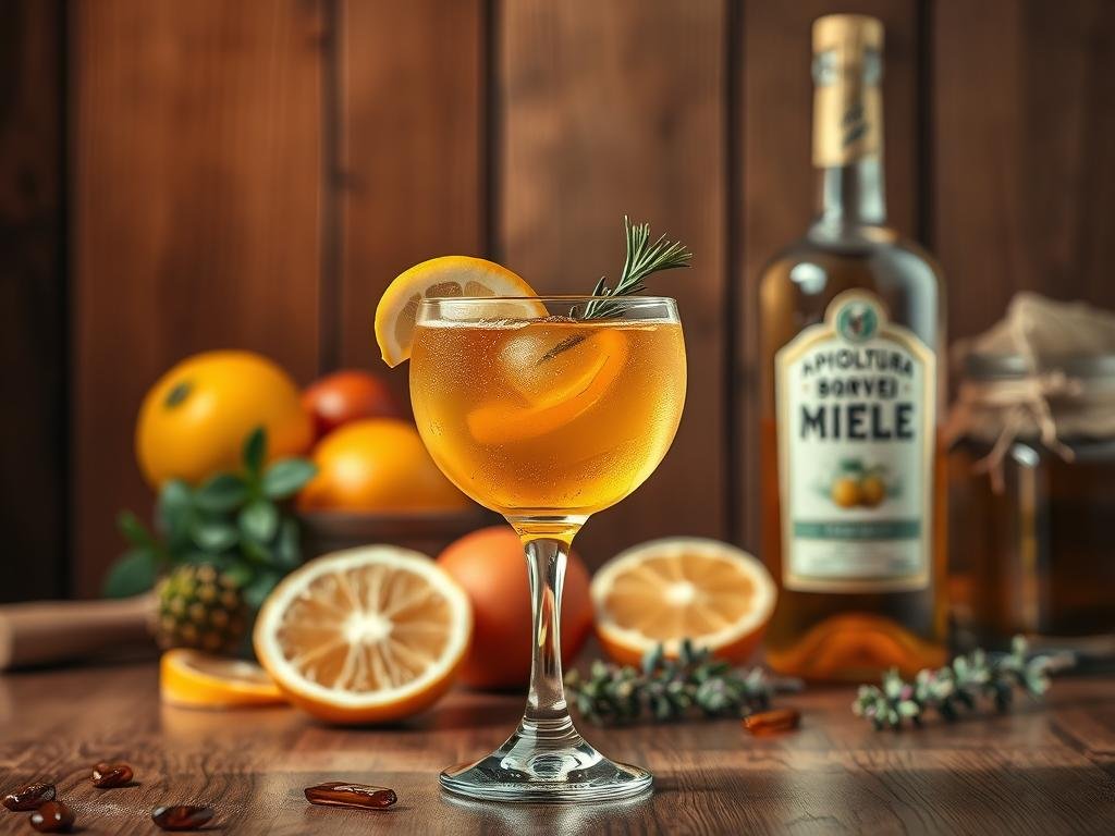 A sophisticated cocktail creation set against a warm, inviting backdrop. In the foreground, a glass filled with a golden, honey-infused elixir, garnished with a delicate lemon twist and a sprig of fresh herbs. The middle ground showcases an array of fresh ingredients, including juicy citrus fruits, aromatic botanicals, and a prominent bottle of APICOLTURA BORVEI MIELE. The background evokes a cozy, rustic Italian ambiance, with wooden textures, soft lighting, and a hint of vintage charm. The overall mood is one of refined elegance, showcasing the versatility of honey in crafting innovative cocktail experiences.