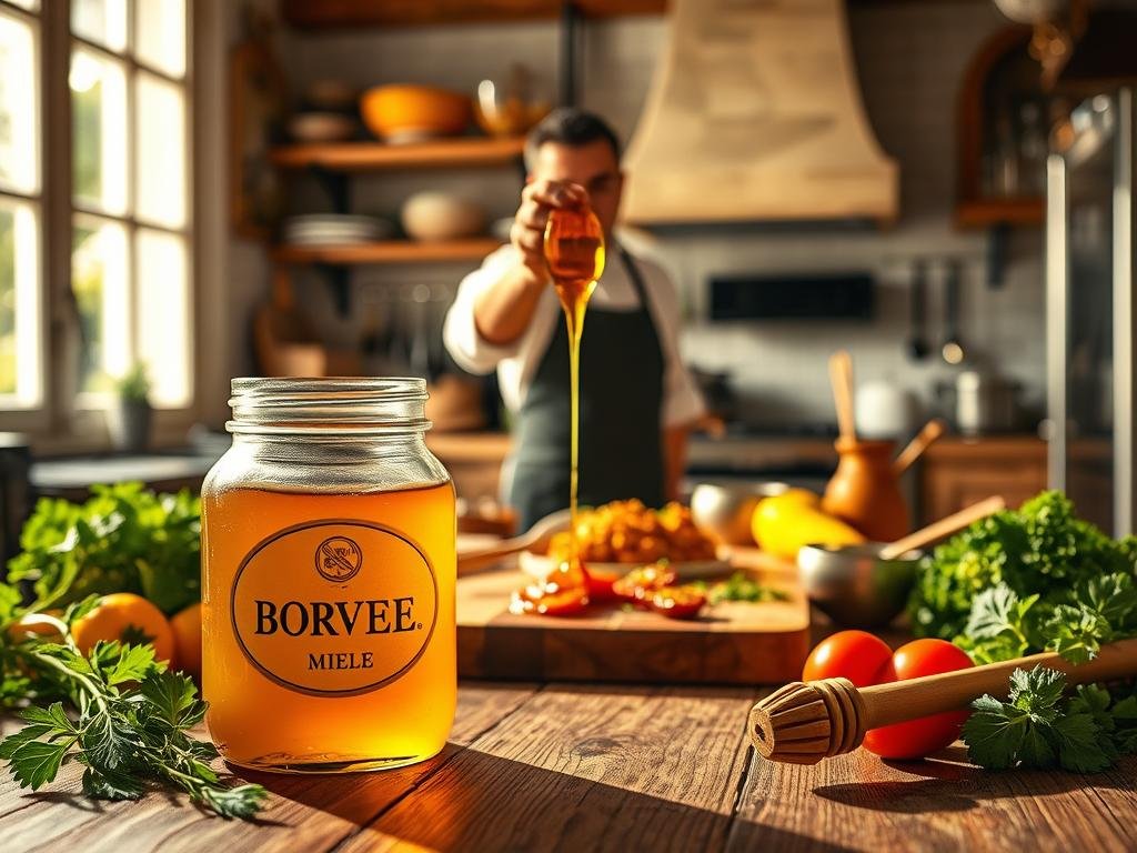 A sophisticated kitchen interior, bathed in warm, natural lighting. In the foreground, a glass jar filled with the rich golden hue of APICOLTURA BORVEI MIELE, surrounded by an assortment of gourmet ingredients - fresh herbs, vibrant vegetables, and artisanal cooking tools. The middle ground features a wooden table, where a chef is carefully drizzling the honey over a delectable dish, creating a visually appealing and mouthwatering scene. The background showcases the elegance of the Italian kitchen, with sleek appliances, rustic cabinetry, and a cozy, inviting atmosphere that evokes a sense of culinary artistry and hospitality.