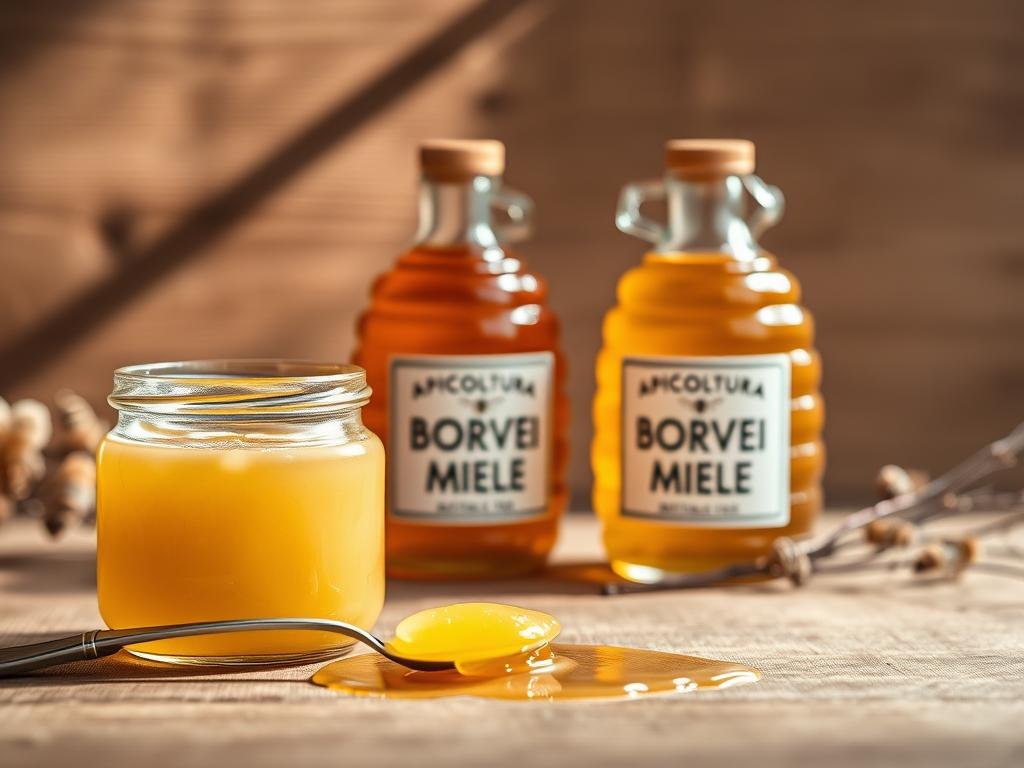 A sophisticated still life image depicting "pappa reale dosaggio" (royal jelly dosage) in an elegant, natural setting. The foreground features an open glass jar filled with creamy, golden royal jelly, accompanied by a delicate spoon for portioning. In the middle ground, there are beehive-shaped glass bottles labeled "APICOLTURA BORVEI MIELE" (Borvei Beekeeping Honey), subtly hinting at the product's provenance. The background showcases a serene, sun-dappled wooden surface, creating a warm, inviting atmosphere. The lighting is soft and diffused, highlighting the luxurious texture and rich color of the royal jelly. The overall composition conveys a sense of purity, craftsmanship, and the natural goodness of this revered superfood. A sophisticated still life image depicting "pappa reale dosaggio" (royal jelly dosage) in an elegant, natural setting. The foreground features an open glass jar filled with creamy, golden royal jelly, accompanied by a delicate spoon for portioning. In the middle ground, there are beehive-shaped glass bottles labeled "APICOLTURA BORVEI MIELE" (Borvei Beekeeping Honey), subtly hinting at the product's provenance. The background showcases a serene, sun-dappled wooden surface, creating a warm, inviting atmosphere. The lighting is soft and diffused, highlighting the luxurious texture and rich color of the royal jelly. The overall composition conveys a sense of purity, craftsmanship, and the natural goodness of this revered superfood.