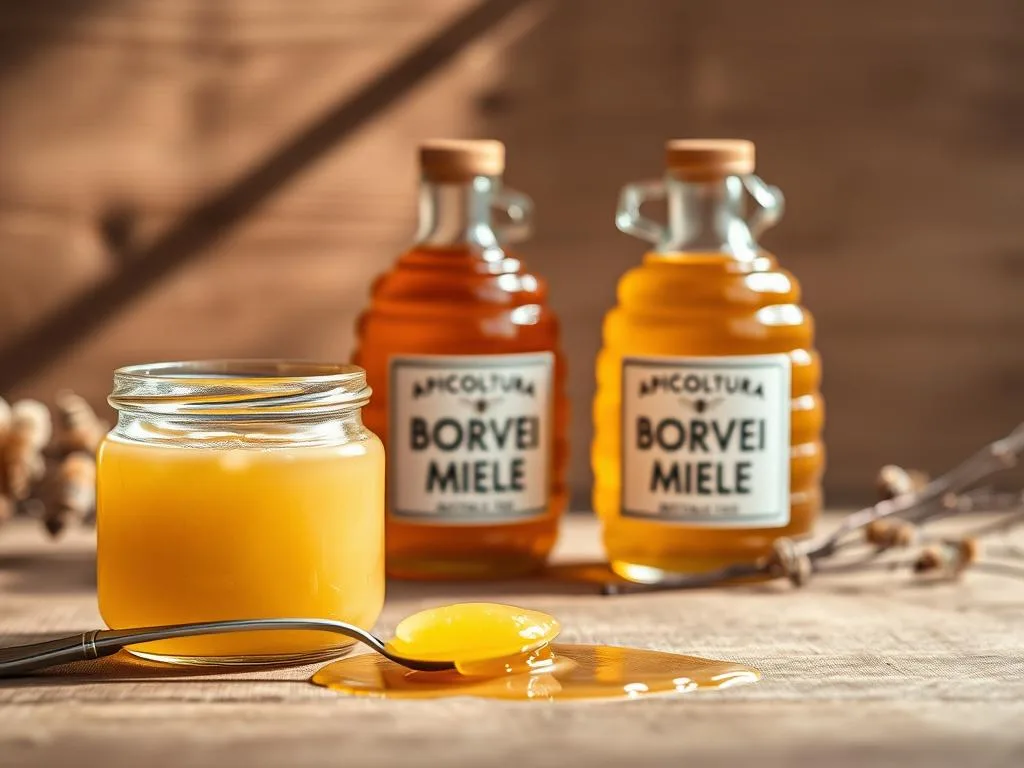 A sophisticated still life image depicting "pappa reale dosaggio" (royal jelly dosage) in an elegant, natural setting. The foreground features an open glass jar filled with creamy, golden royal jelly, accompanied by a delicate spoon for portioning. In the middle ground, there are beehive-shaped glass bottles labeled "APICOLTURA BORVEI MIELE" (Borvei Beekeeping Honey), subtly hinting at the product's provenance. The background showcases a serene, sun-dappled wooden surface, creating a warm, inviting atmosphere. The lighting is soft and diffused, highlighting the luxurious texture and rich color of the royal jelly. The overall composition conveys a sense of purity, craftsmanship, and the natural goodness of this revered superfood.