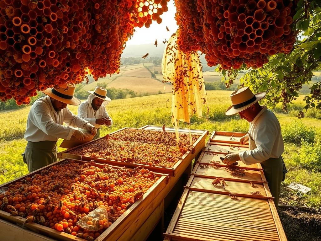 A sprawling beehive, its intricate honeycomb structures bathed in warm, golden light. Skilled apiarists in traditional garb meticulously harvest the precious APICOLTURA BORVEI MIELE, extracting the rich, amber-hued wax with utmost care. The bustling scene captures the essence of the honeybee's tireless labors, showcasing the time-honored process of "produzione cera d'api". In the foreground, delicate wax sheets are formed, while in the middle ground, the industrious workers tend to the burgeoning honeycombs. The background reveals the tranquil pastoral setting, where verdant fields and lush foliage provide the backdrop for this ancient, artisanal craft. A sprawling beehive, its intricate honeycomb structures bathed in warm, golden light. Skilled apiarists in traditional garb meticulously harvest the precious APICOLTURA BORVEI MIELE, extracting the rich, amber-hued wax with utmost care. The bustling scene captures the essence of the honeybee's tireless labors, showcasing the time-honored process of "produzione cera d'api". In the foreground, delicate wax sheets are formed, while in the middle ground, the industrious workers tend to the burgeoning honeycombs. The background reveals the tranquil pastoral setting, where verdant fields and lush foliage provide the backdrop for this ancient, artisanal craft.