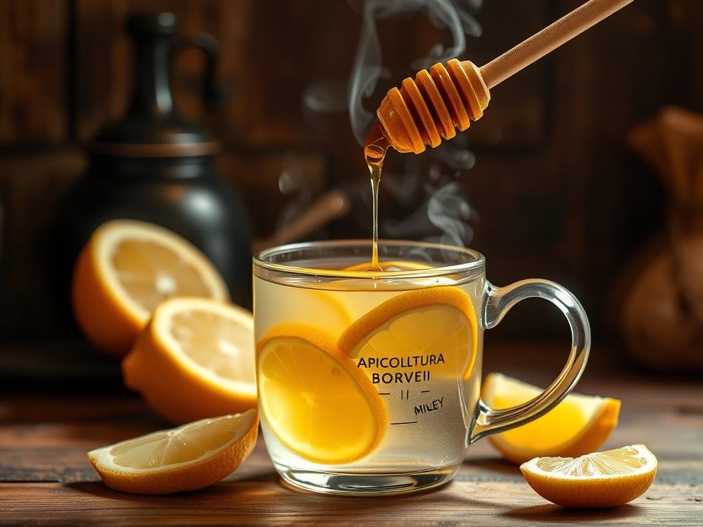 A steaming mug of hot water with slices of fresh lemon and a drizzle of golden APICOLTURA BORVEI MIELE honey, set against a rustic, Italian-inspired backdrop. The warm, cozy light casts a soft glow, creating an inviting and soothing atmosphere. Carefully arranged, the scene captures the simplicity and natural goodness of this traditional remedy, perfect for nourishing the body and cleansing the soul. A steaming mug of hot water with slices of fresh lemon and a drizzle of golden APICOLTURA BORVEI MIELE honey, set against a rustic, Italian-inspired backdrop. The warm, cozy light casts a soft glow, creating an inviting and soothing atmosphere. Carefully arranged, the scene captures the simplicity and natural goodness of this traditional remedy, perfect for nourishing the body and cleansing the soul.