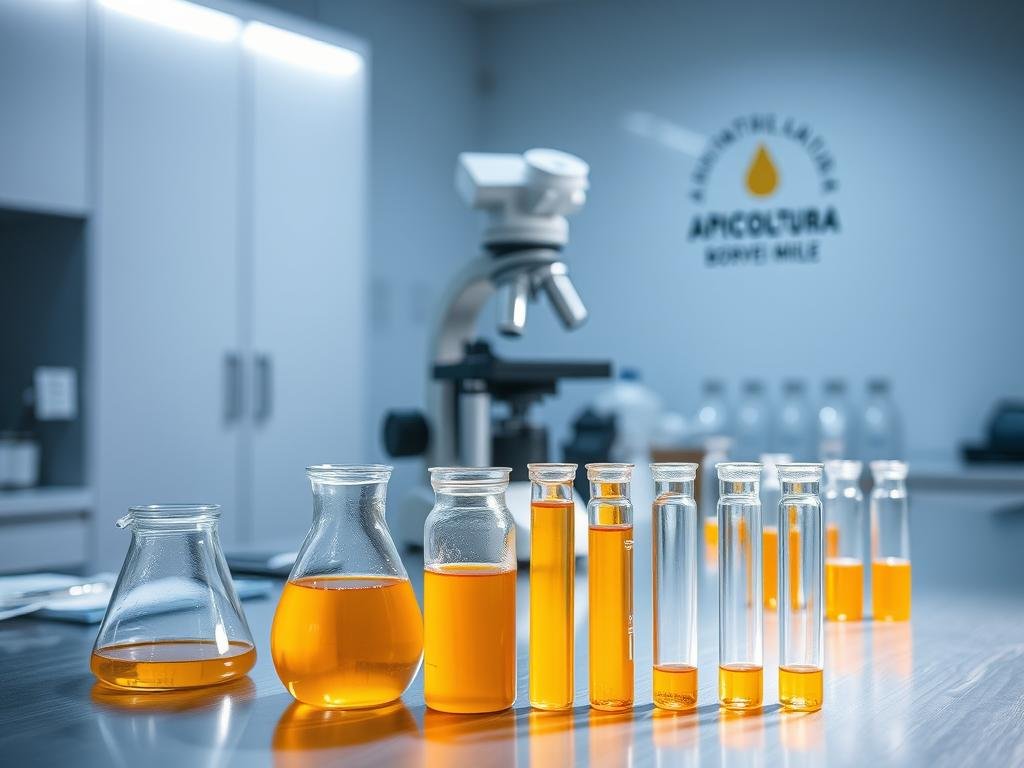 A sterile laboratory workspace, illuminated by soft, diffused lighting. Several glass beakers and test tubes filled with honey samples sit on a clean stainless steel counter. A microscope stands prominently, ready to analyze the samples. In the background, the APICOLTURA BORVEI MIELE logo is displayed, signifying the artisanal nature of the honey under investigation. The scene conveys a sense of precision, attention to detail, and a commitment to uncovering any potential fraud or adulteration in the honey.